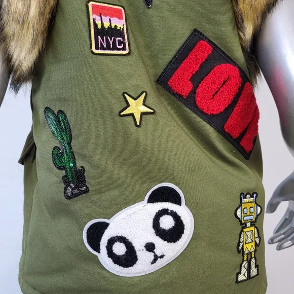 NWOT~$545~KINGSTAR~S/M~ARMY GREEN HOODED FAUX FOX RACCOON FUR PATCHES VEST COAT